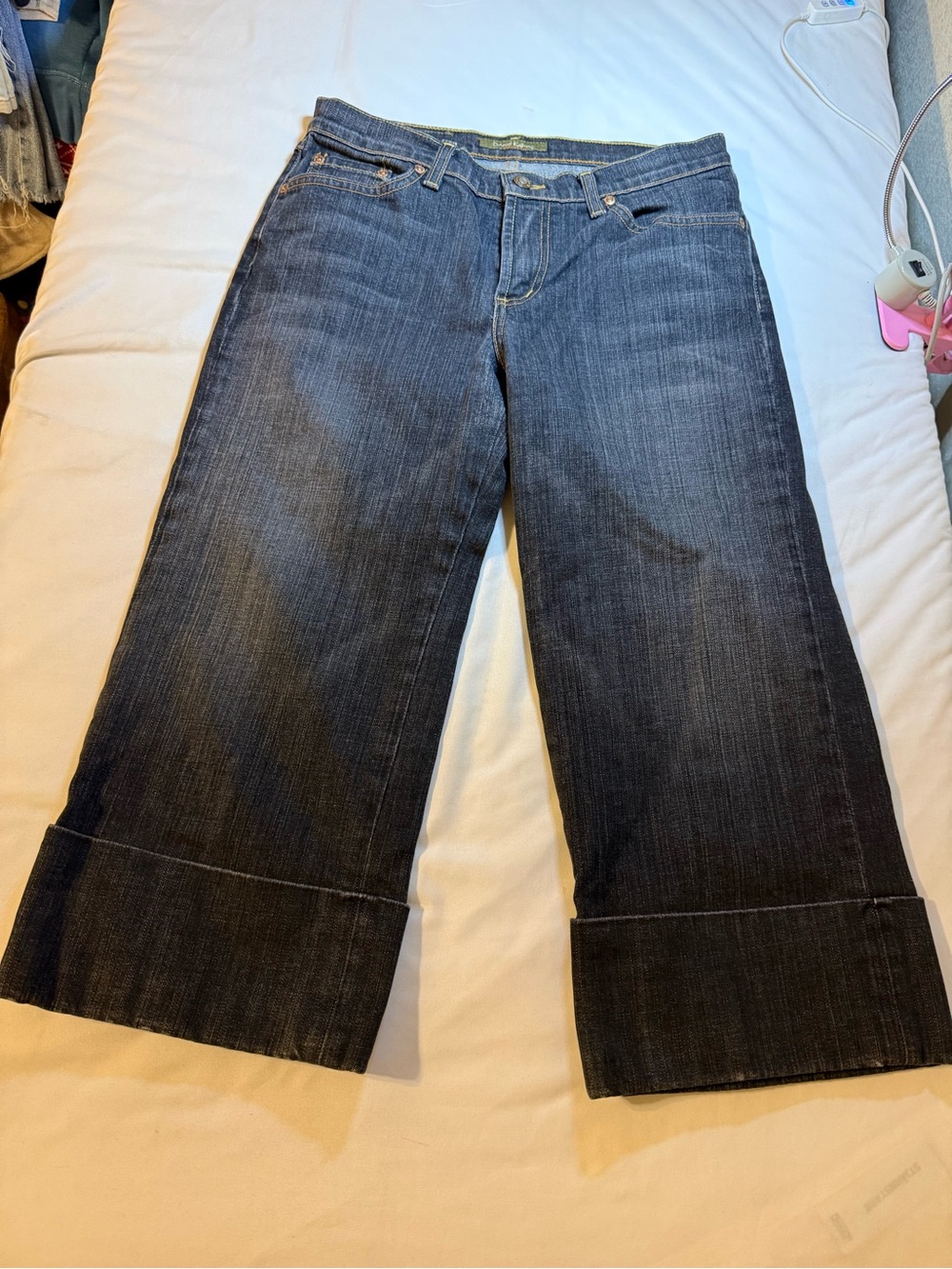 David Kahn Indigo Wide-Leg Cropped Jeans with Cuffed Hem